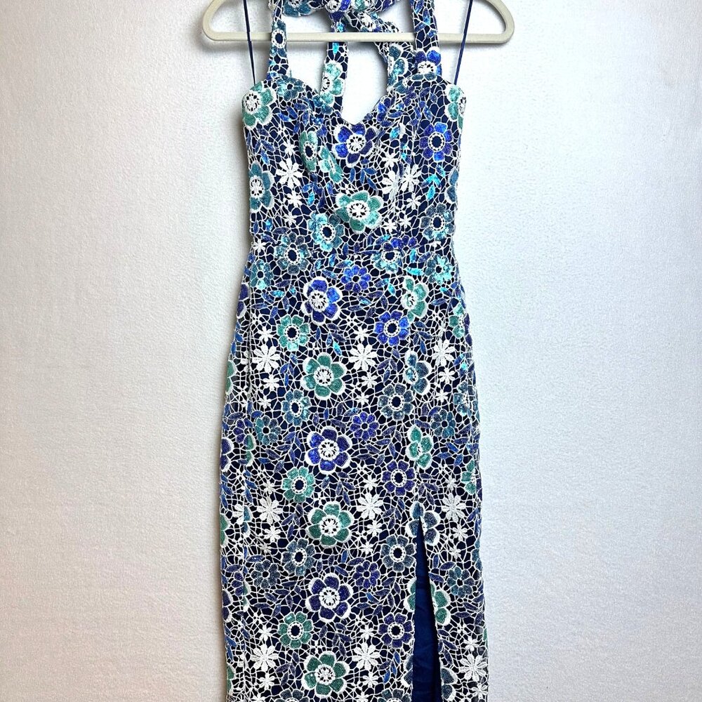 Dress the Population Blue White Floral Backless Lace Midi Dress